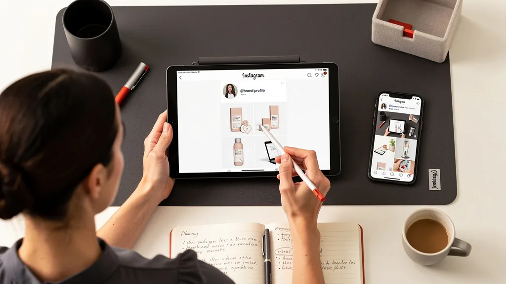 A social media manager pinning top-performing posts about best-selling products to an Instagram profile grid.