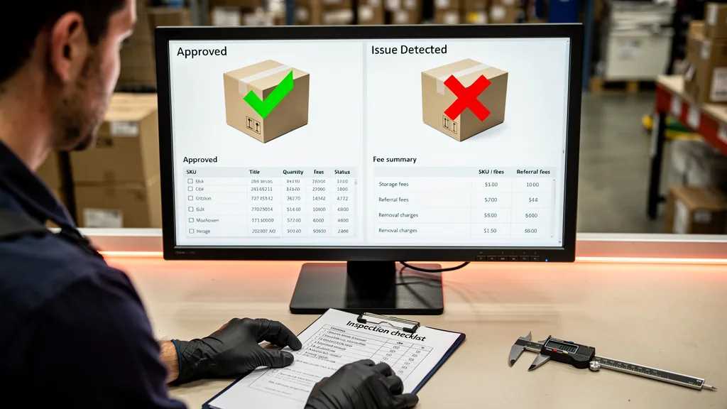 A desk with a single monitor displaying a quality control interface