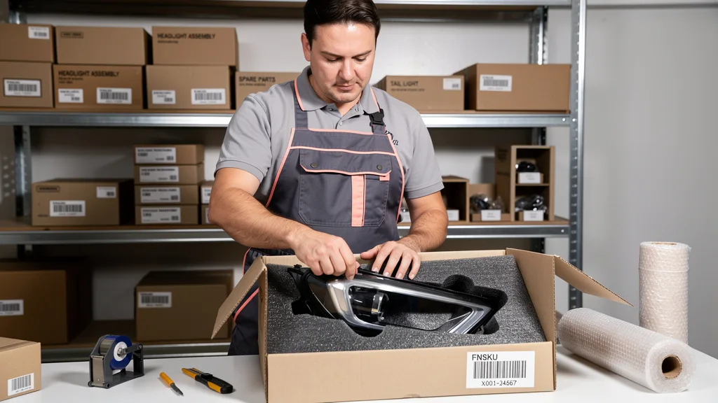 Click to manage / replace image Worker packaging a car headlight according to Amazon FBA prep rules.