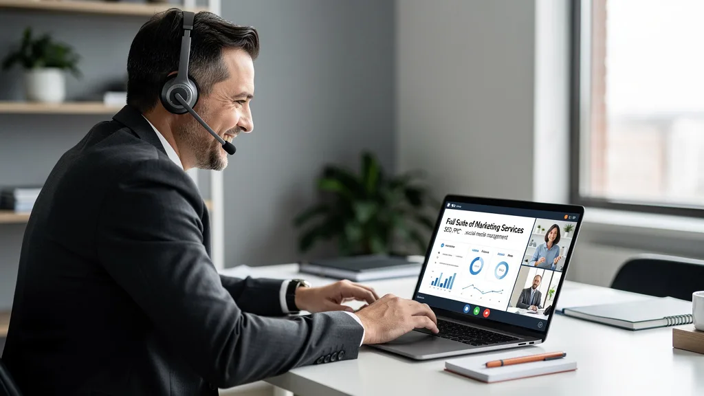 Click to manage / replace image A business owner in a consultation call to get started with a full suite of marketing services.