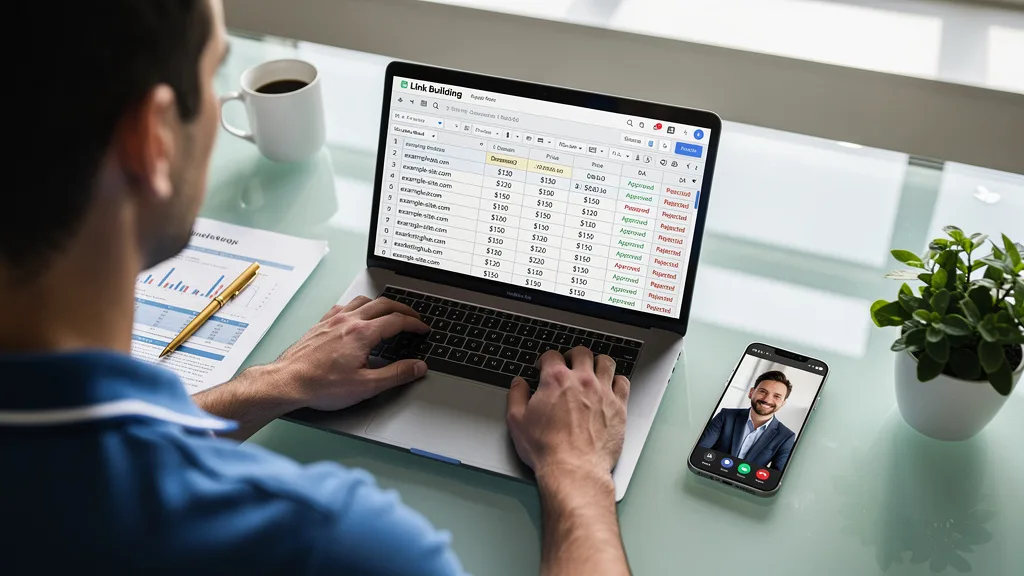 Click to manage / replace image An SEO consultant discussing a link building strategy with a client over a video call.