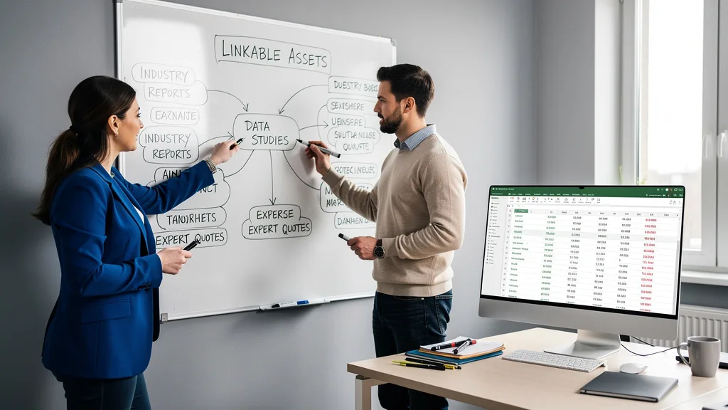 Click to manage / replace image Two colleagues brainstorming link-worthy content ideas on a whiteboard for their B2B SaaS website.