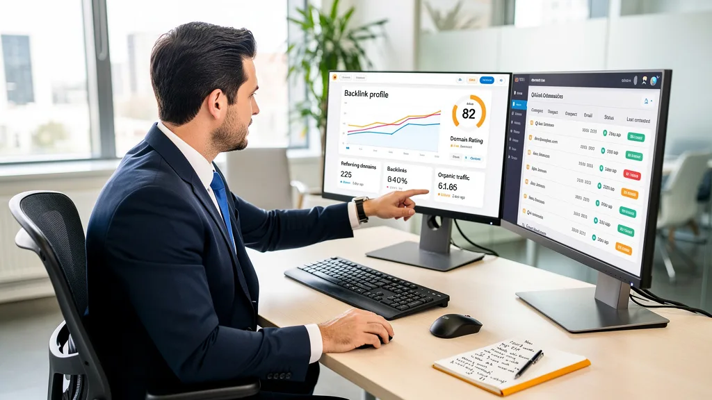 Click to manage / replace image A desk setup showing link building tools like Ahrefs and an outreach platform in use for a finance campaign.