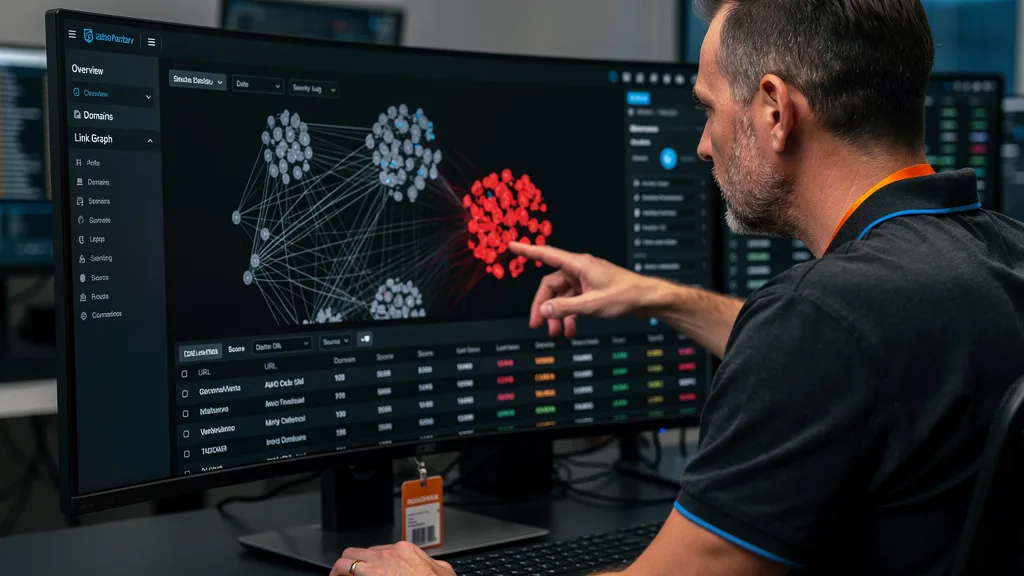 Click to manage / replace image An analyst identifying a harmful link farm on a complex link graph visualization.