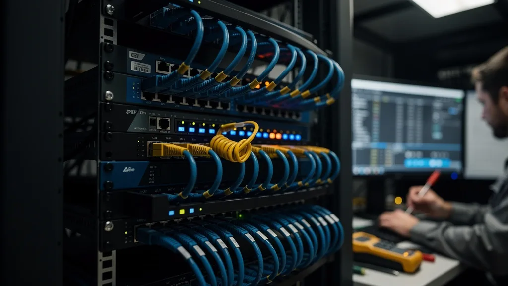 Click to manage / replace image Server rack with diverse network connections representing hosting footprint diversity.