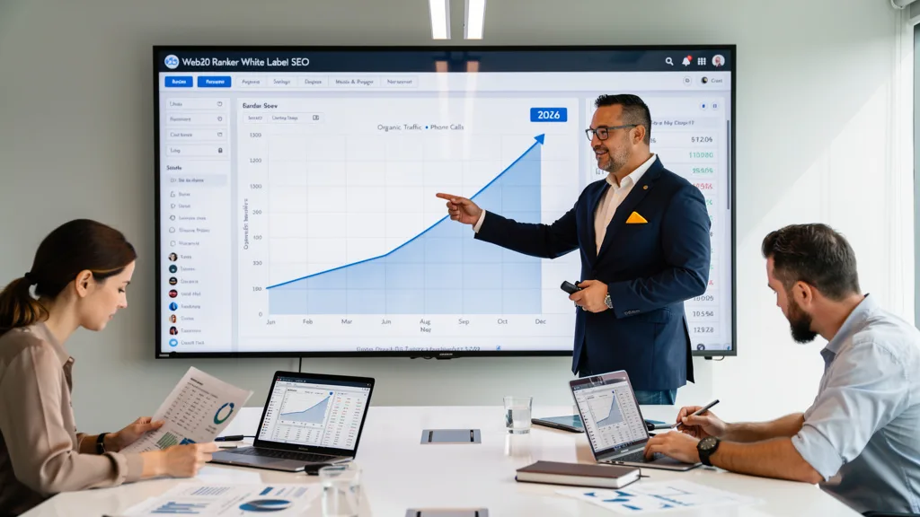 A boardroom screen displays a growth chart from 2026 showing a sharp increase in organic traffic and phone calls.