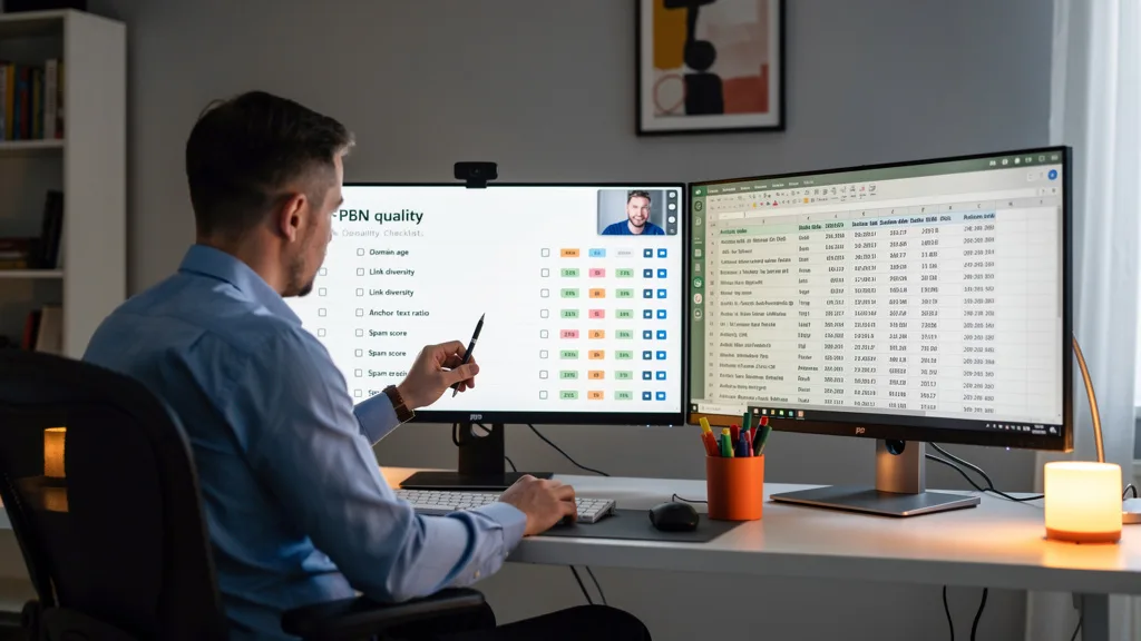 An analyst reviewing a PBN quality checklist during a client consultation.