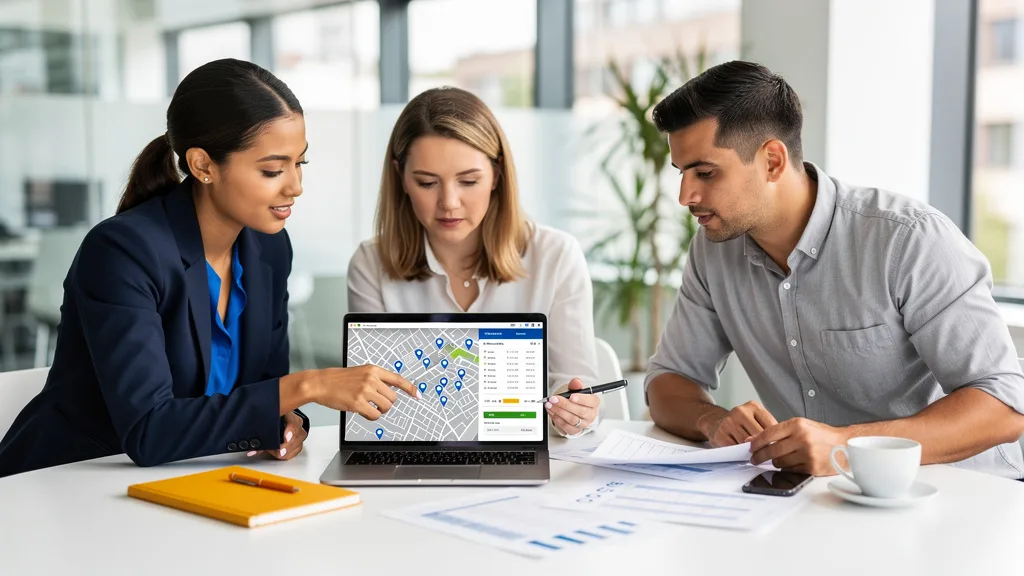 A marketing team discusses a local SEO strategy for a business with multiple locations shown on a map.