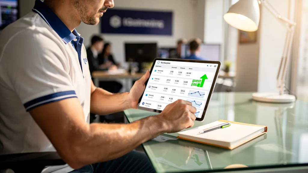 Click to manage / replace image A tablet displaying an analytics report on referral traffic from a successful iGaming guest post.