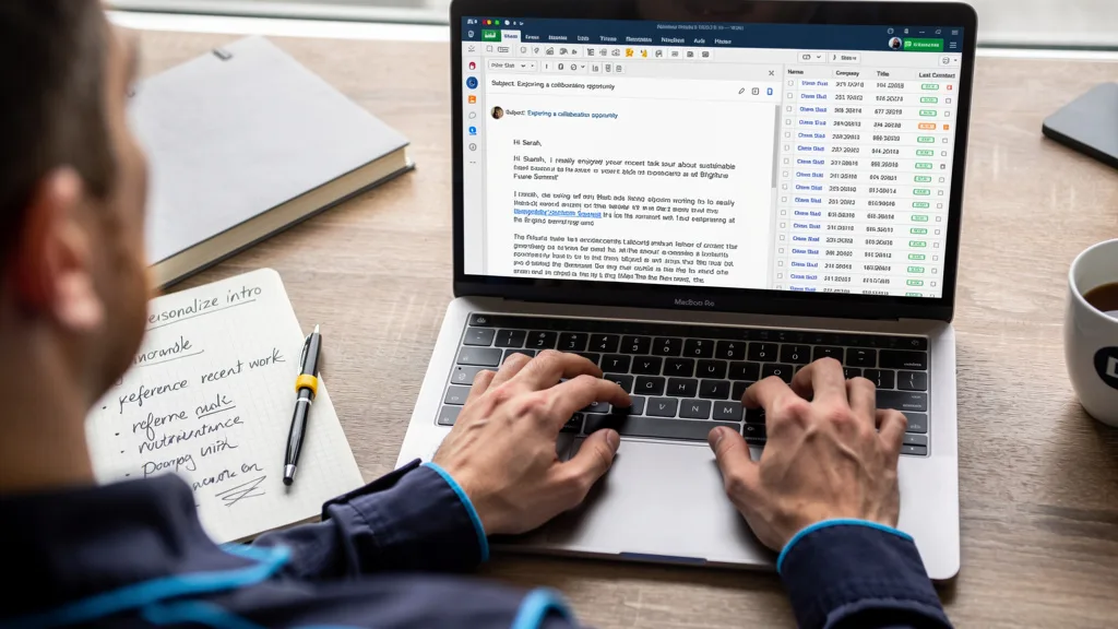 A person writing a personalized outreach email for a link building campaign on their laptop.
