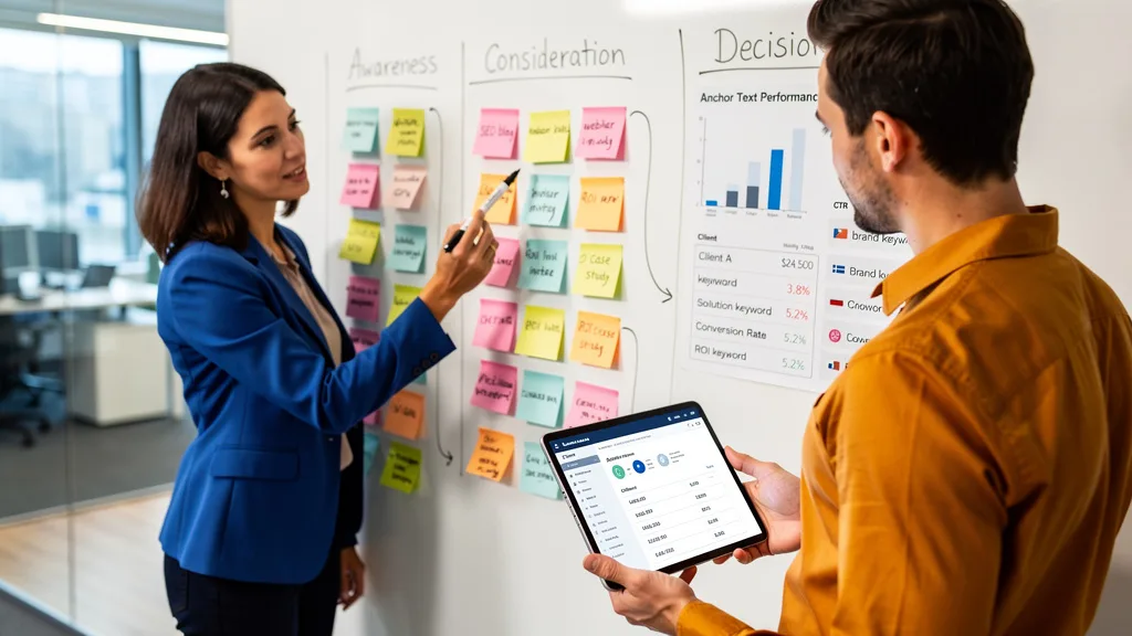 Click to manage / replace image Marketing team planning a B2B anchor text strategy on a whiteboard to align with the customer journey.