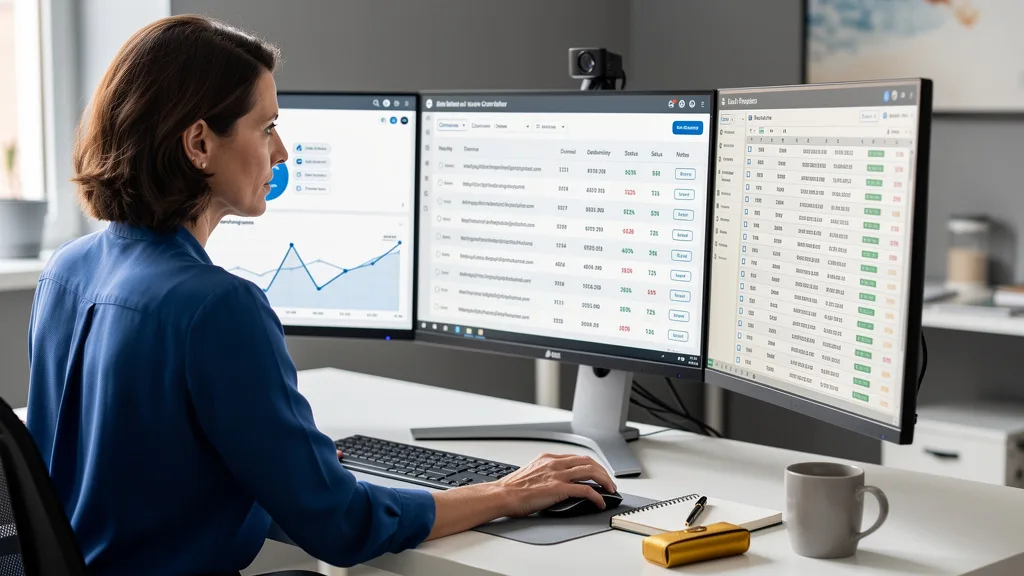 A multi-monitor setup displaying dashboards from Ahrefs, Majestic, and Moz for backlink analysis.