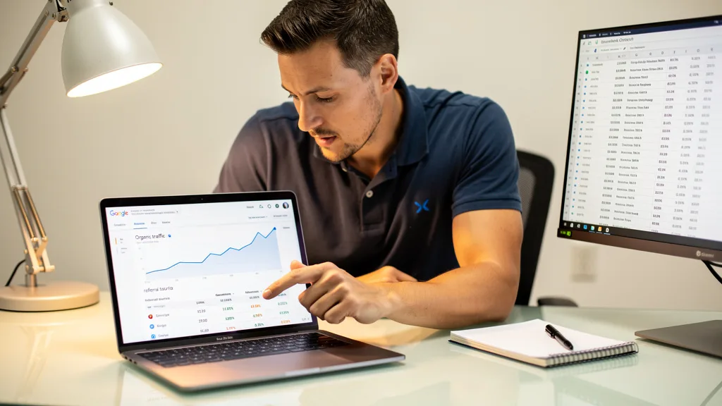 Click to manage / replace image A Google Analytics dashboard on a laptop screen displays a rising trend in organic traffic for a B2B SaaS company.