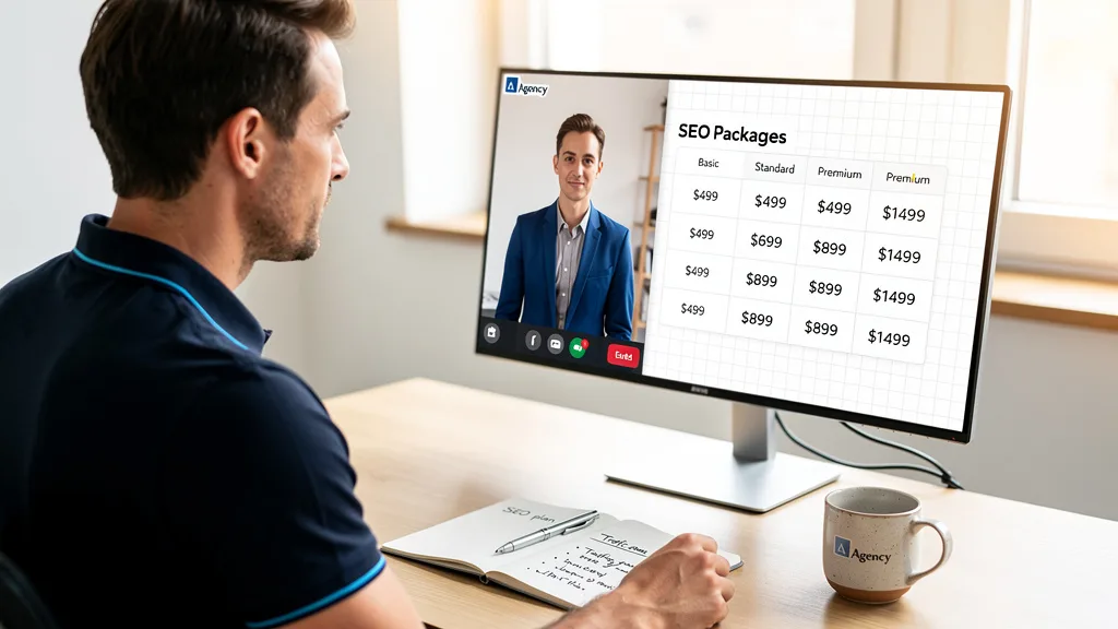A business owner reviewing SEO package pricing on a video call with an account manager.