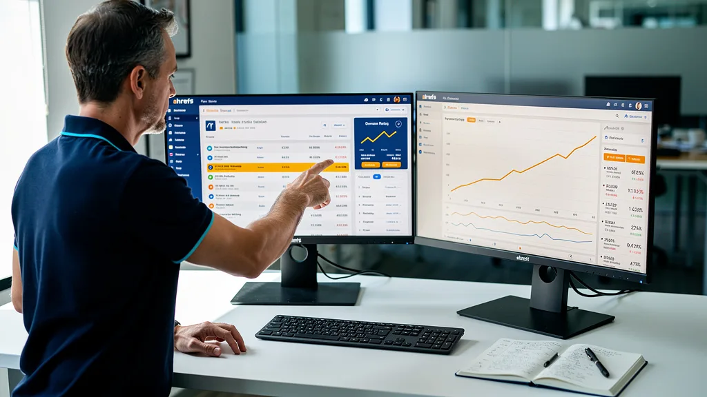Click to manage / replace image A dual monitor setup displaying Ahrefs data and a rising keyword ranking graph after a niche edit placement.