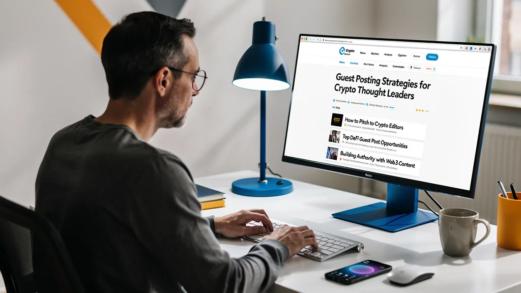 Click to manage / replace image Writer crafting an authoritative guest post while referencing the publication