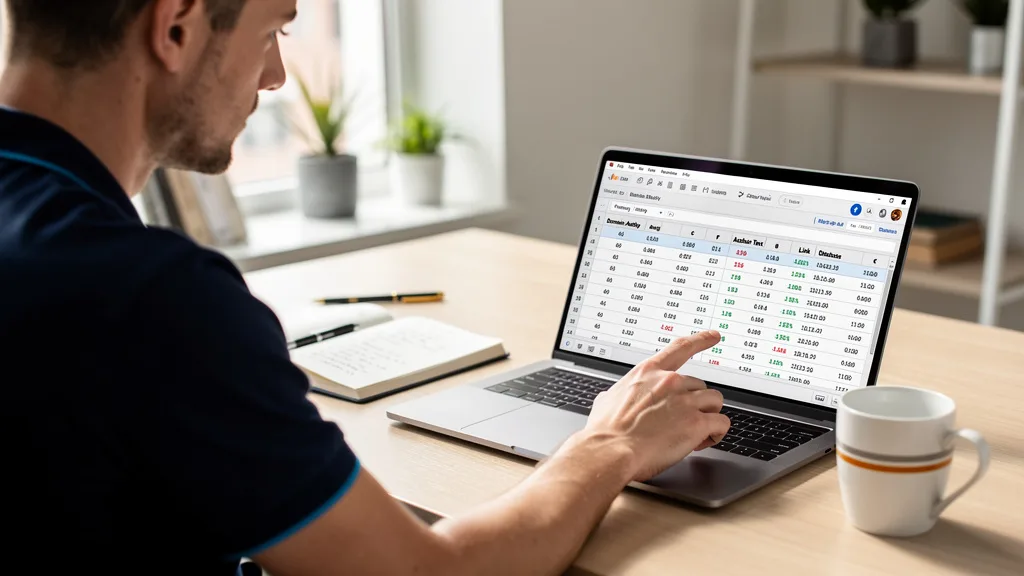 An SEO strategist auditing a backlink profile using a detailed spreadsheet to plan anchor text optimization.