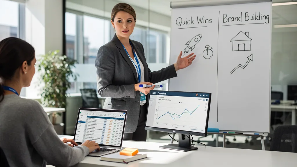 Click to manage / replace image A team planning an SEO strategy, deciding when to use niche edits for quick wins versus guest posts for brand building.