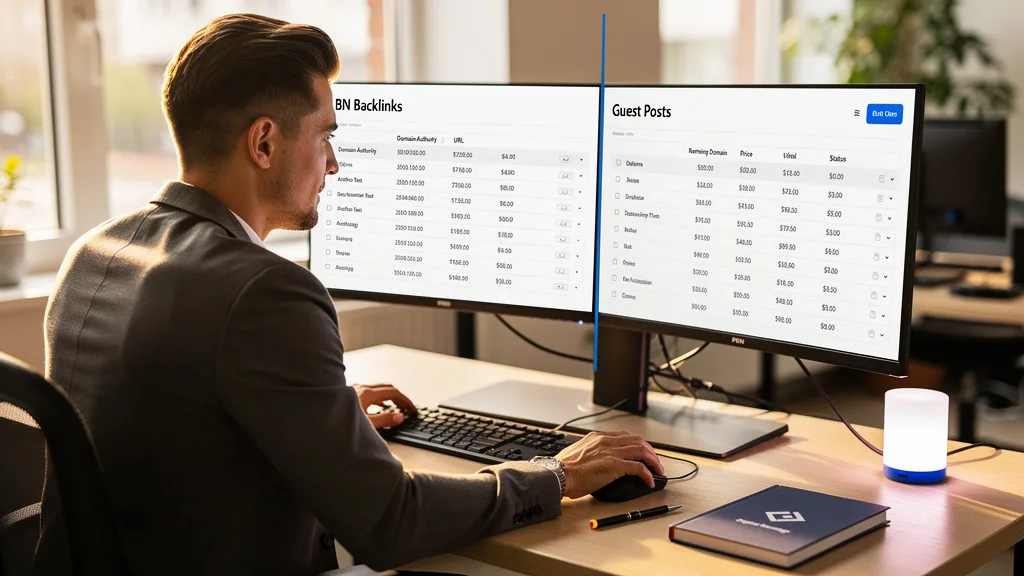 Click to manage / replace image A pros and cons list comparing different link building strategies on a screen.