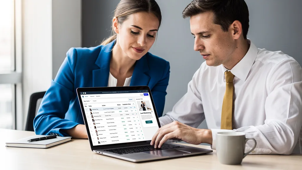 Click to manage / replace image Two colleagues collaborating on a guest post submission for a relevant industry blog.
