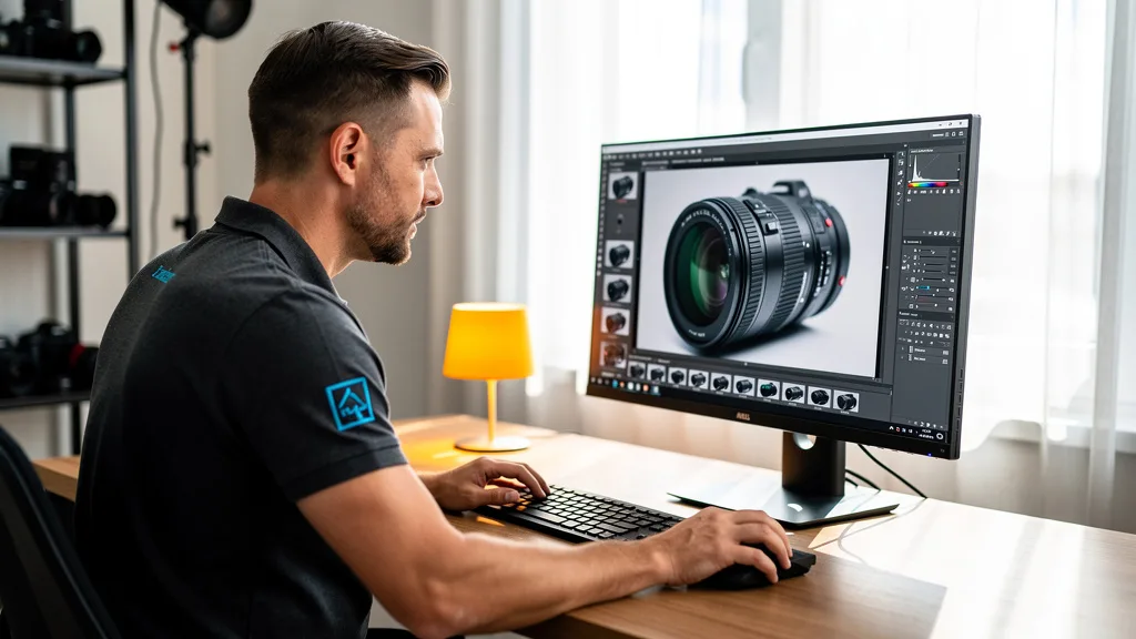 Click to manage / replace image A professional editing a high-quality product image to optimize a classified ad listing.