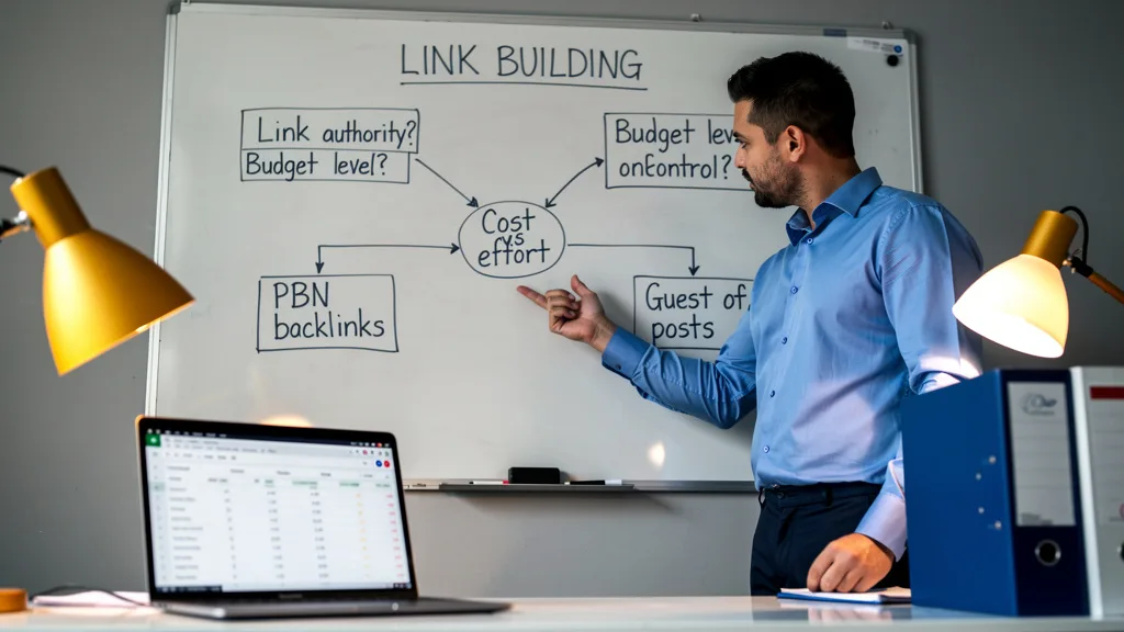 Click to manage / replace image A flowchart on a whiteboard helping to decide which backlink type to use based on SEO goals.