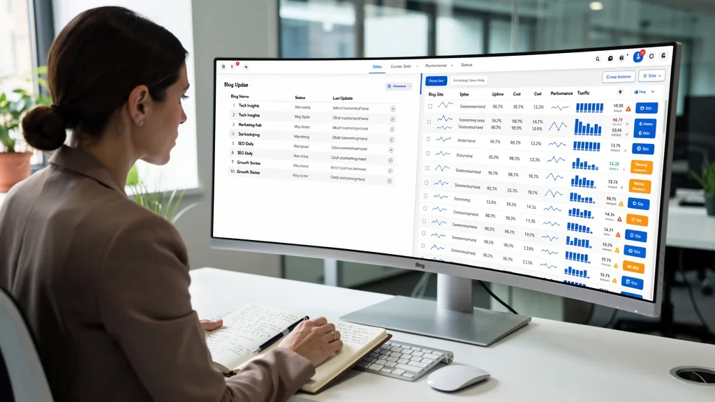 Click to manage / replace image A split screen showing a simple PBN dashboard versus a complex one for scaling networks.