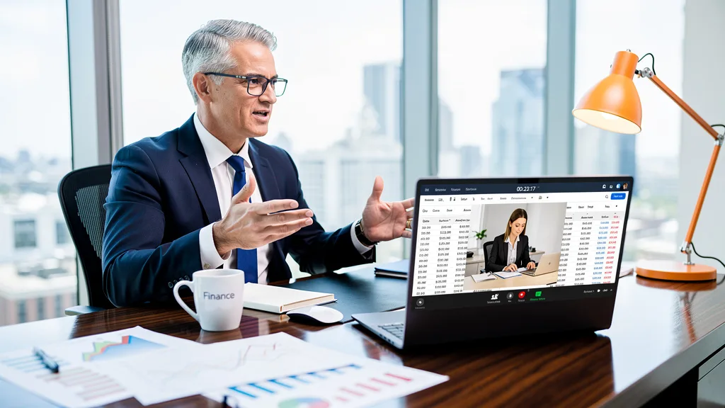 Click to manage / replace image A finance expert providing commentary to a journalist during a video interview for a news article.