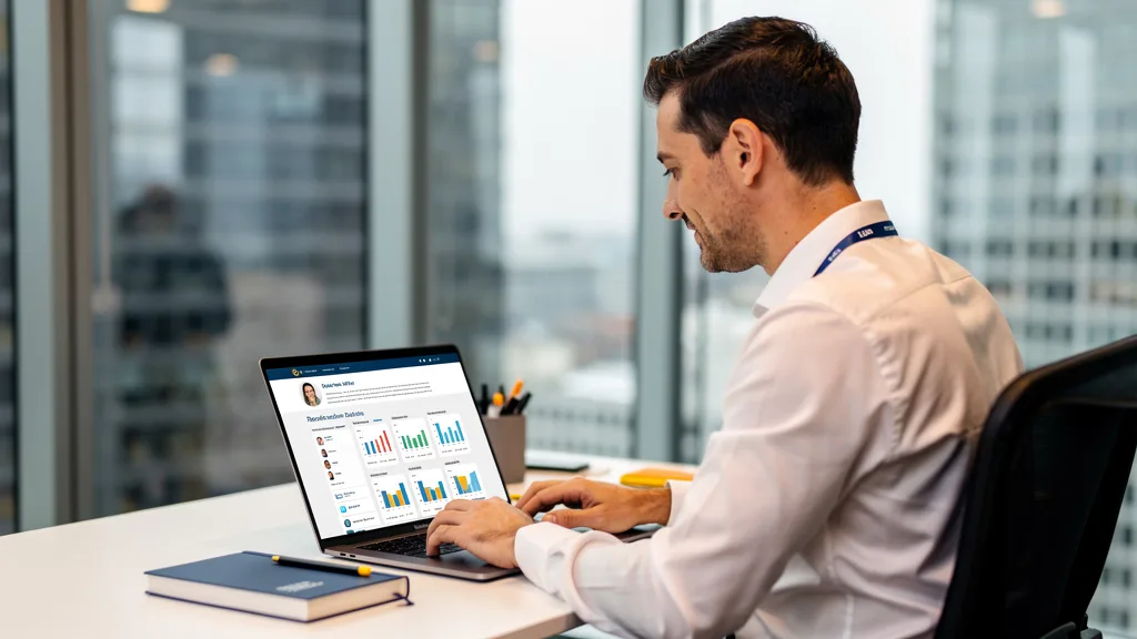 Click to manage / replace image A finance professional updating their online bio and portfolio of case studies on a laptop.