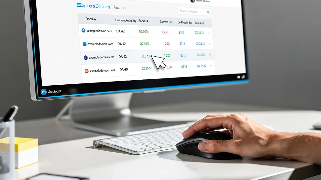 Click to manage / replace image A user browsing a domain auction website to purchase an expired domain for a PBN.