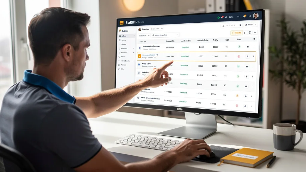 Click to manage / replace image A marketing analyst reviewing a backlink profile, showing a link gained from a classified ad posting.