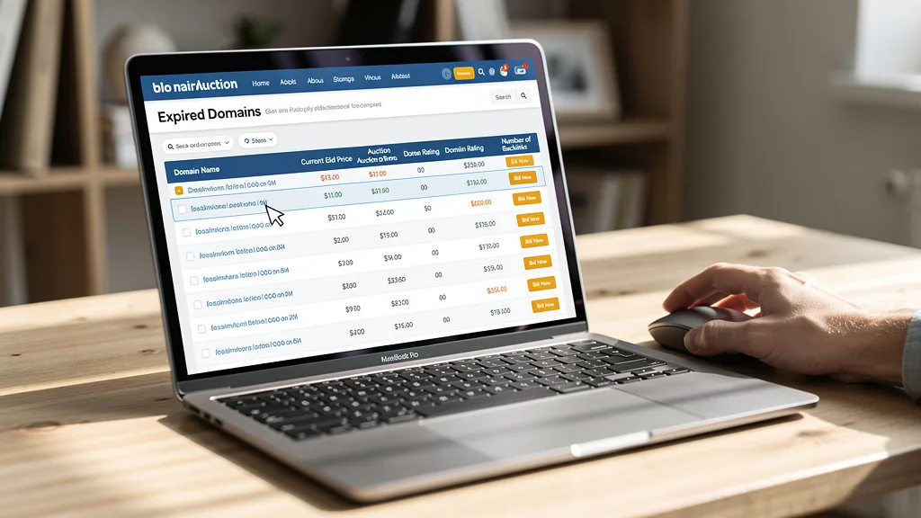 A user browsing a domain auction website to find expired domains for a PBN.