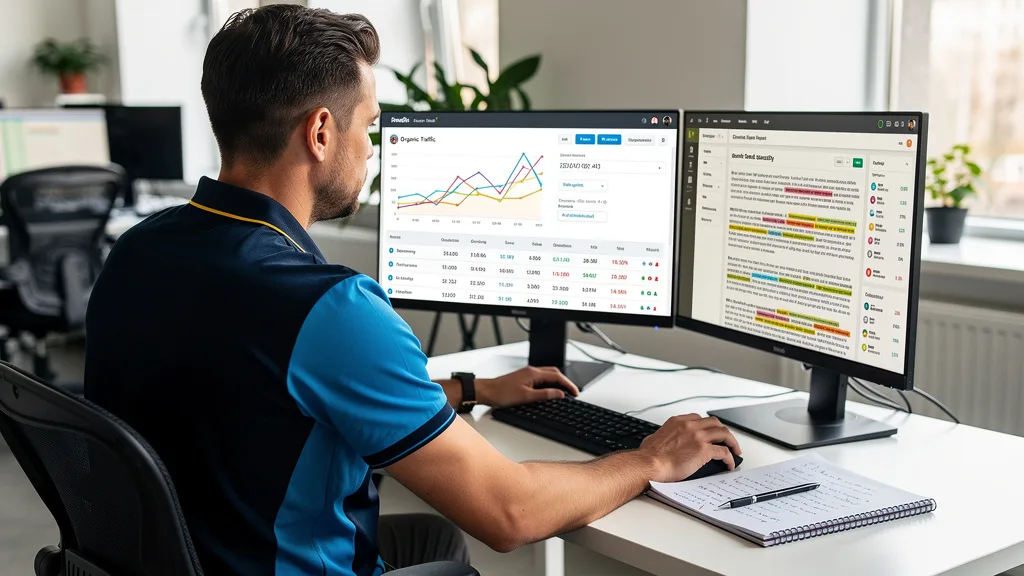 Click to manage / replace image An analyst vetting a link opportunity by checking its organic traffic data and content quality on dual monitors.