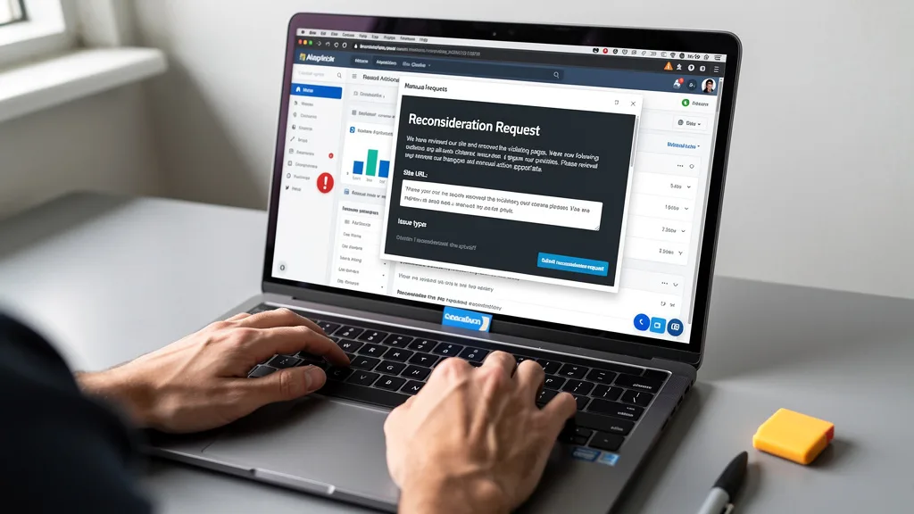 Click to manage / replace image A person typing a detailed reconsideration request into the Google Search Console interface after a penalty.