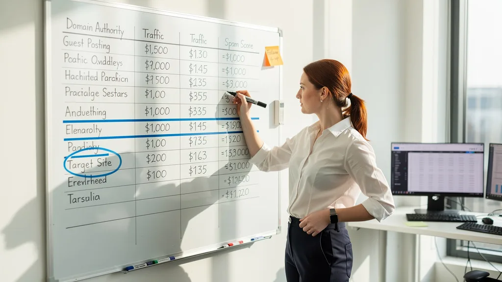 A strategist mapping out key performance indicators for a guest posting campaign on a whiteboard.