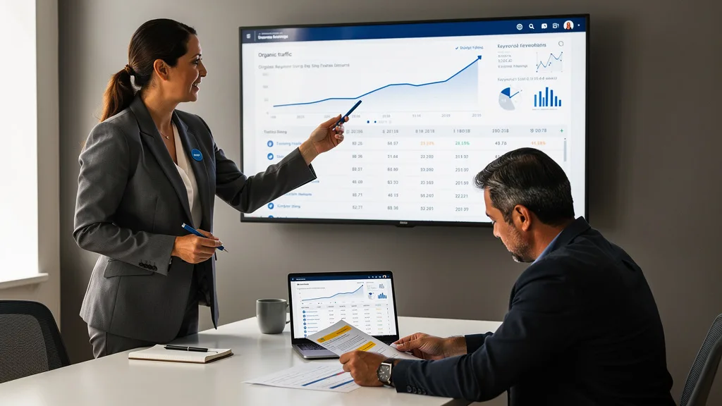 A marketing professional showing a client a graph of increasing organic traffic in 2026.