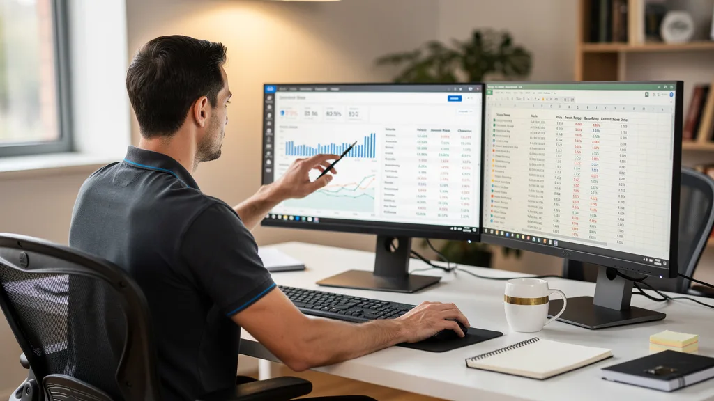A dual-monitor setup showing website analytics and a spreadsheet of potential guest post sites.