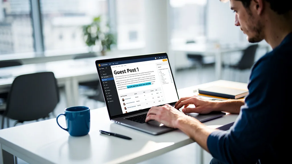 Click to manage / replace image A professional finalizing a guest post article on a laptop, with the anchor text for a backlink highlighted.