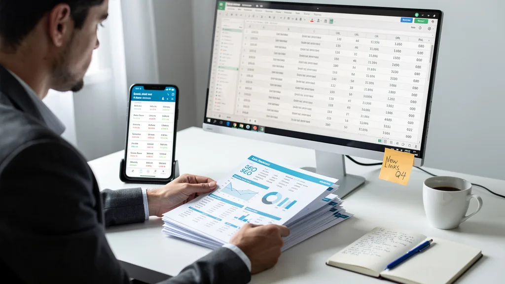 Click to manage / replace image An analyst vetting a PBN sample site by comparing its front-end appearance with its back-end SEO metrics.
