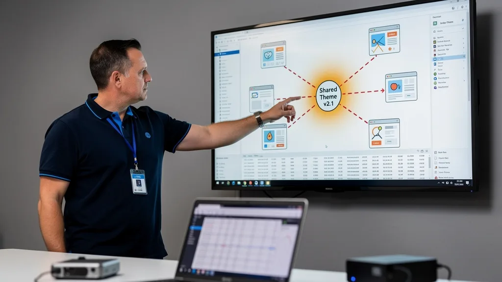 Diagram showing how a shared theme creates a detectable footprint connecting multiple PBN sites.