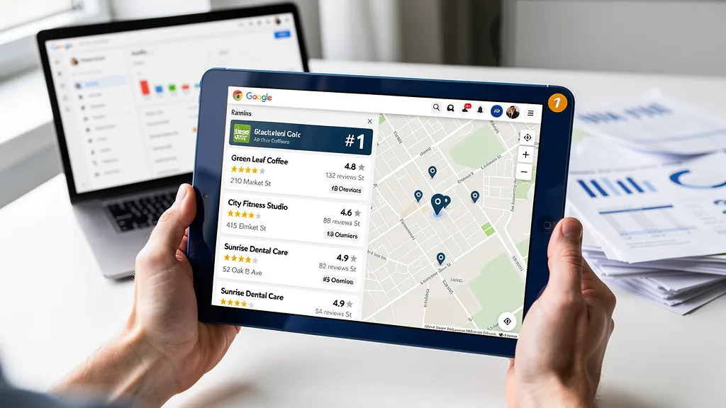 A tablet screen showing a business ranking in the Google Maps