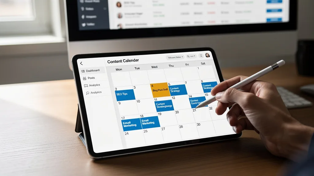 Click to manage / replace image A tablet showing a content calendar with posts scheduled twice a week for a blog