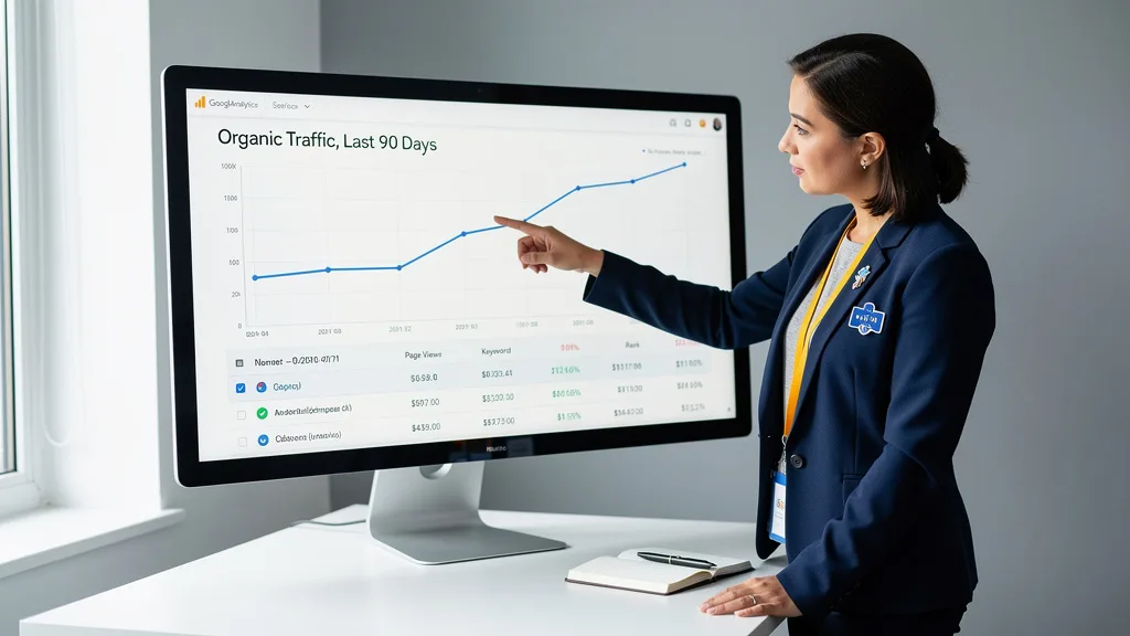 Click to manage / replace image A dashboard showing a chart with a rising trend line for organic search traffic over three months.