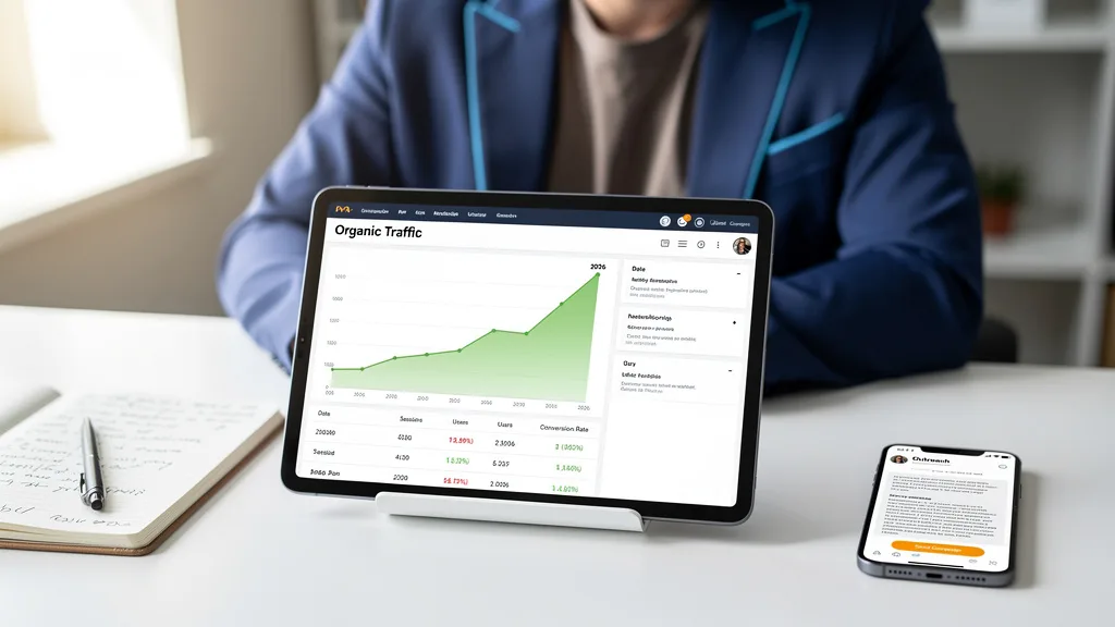 Click to manage / replace image A graph on a tablet displaying a sharp increase in organic traffic throughout 2026.