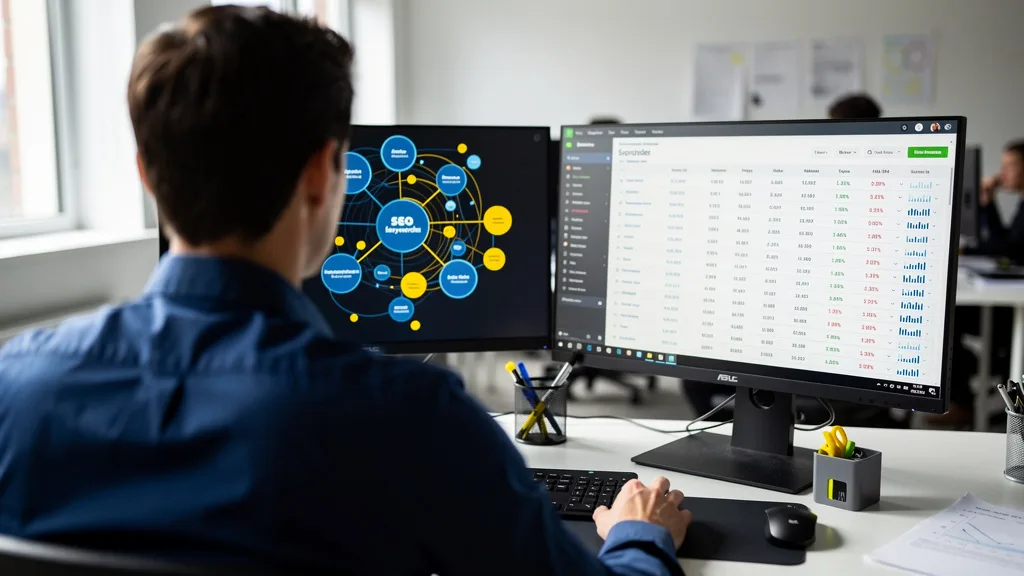 Click to manage / replace image An SEO analyst using AI tools to visualize keyword clusters and track performance data.
