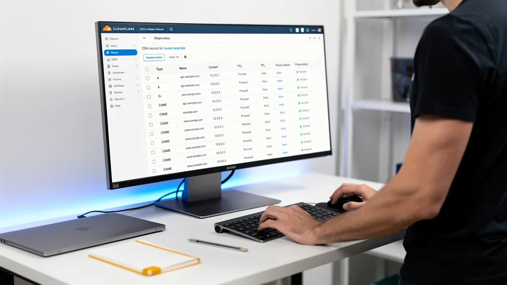 Click to manage / replace image Configuring A and CNAME DNS records within the Cloudflare dashboard to point to the origin server.