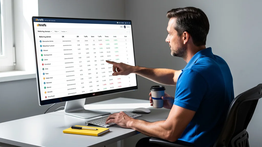 Click to manage / replace image Ahrefs dashboard showing a list of referring domains and their associated SEO metrics.