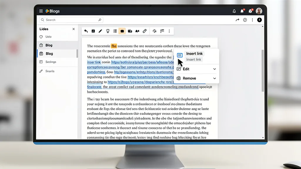 A cursor poised to insert a contextual link into an existing paragraph of a published blog post, illustrating a niche edit.