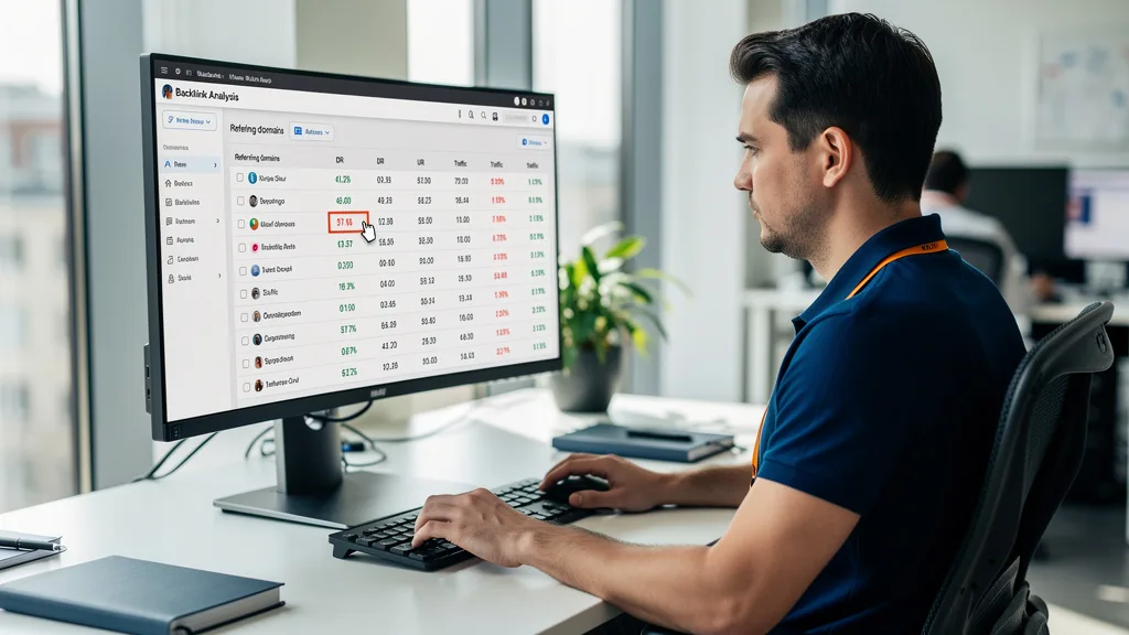An analyst using a backlink tool to identify suspicious domains with high authority but no traffic.